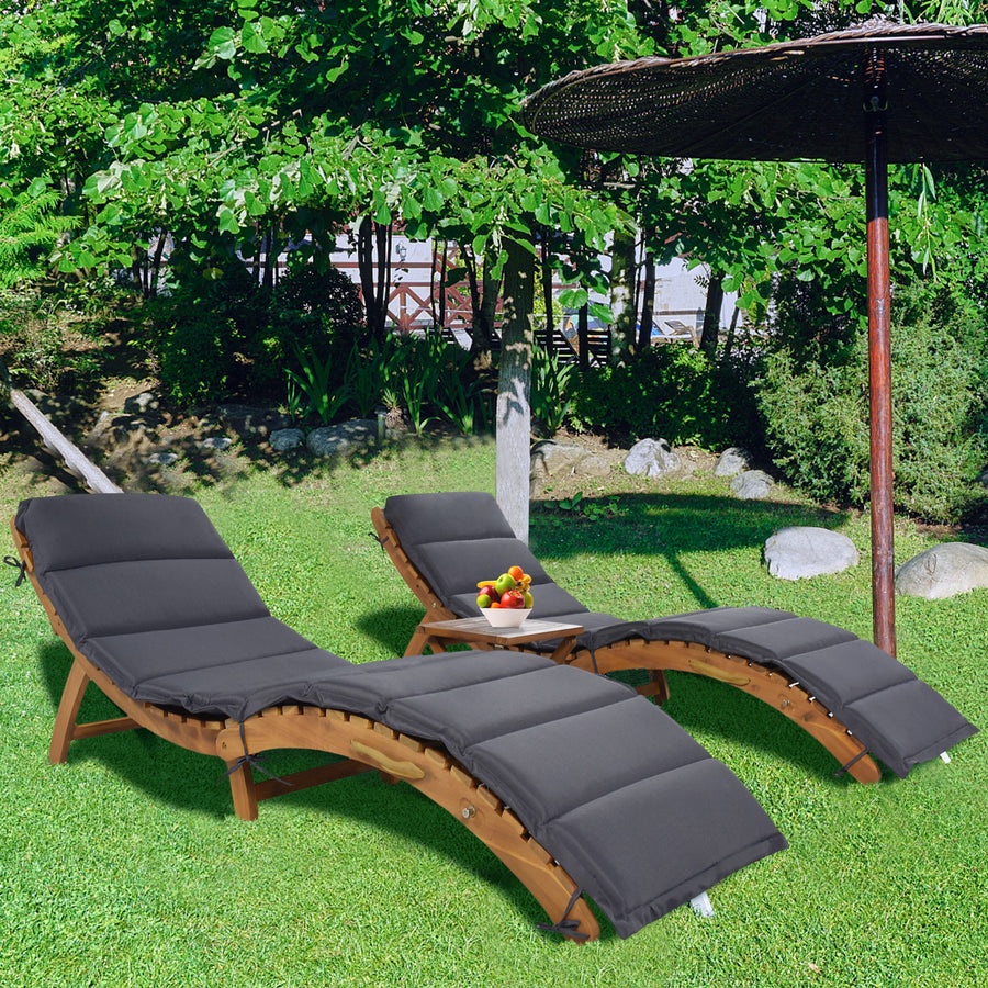Chaise Lounge Chairs Set, Portable Wooden Patio Furniture Set, 2 Foldable Chaise Lounge and 1 Table W/ Cushion, Sun Lounger for Poolside Beach Patio