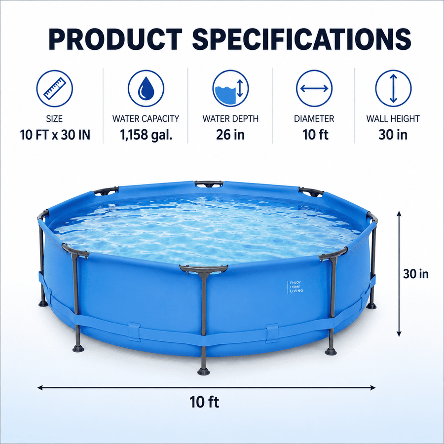 Outdoor Swimming Pool, 10FT x 30IN Round Above Ground Pool with Blue Iron Frame, Outdoor Backyard Swimming Pool for Family Summer Water Fun, Metal Frame Pool for Patio, Garden & Yard