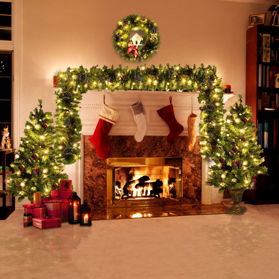 3pcs Pre-lit Christmas Decoration Set, 2 Packs 4''Christmas Entrance Trees and 9' Garland, Green Artificial Xmas Decorative Set for Door Fireplace W/Warm Lights
