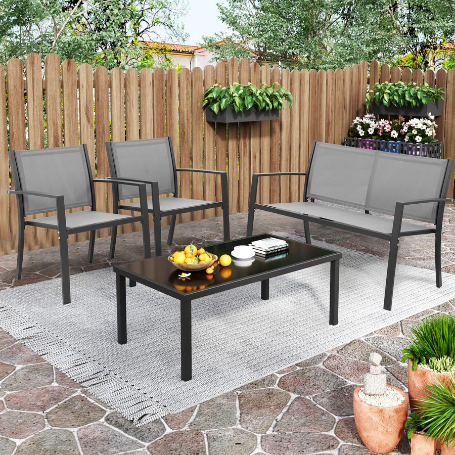 Clearance! Patio Conversation Set for 4, All-weather Outdoor Textilene Furniture Set, Metal Sectional Patio Table and Chairs Set for Porch Backyard Balcony, Breathable Mesh & Glass Tabletop, Gray