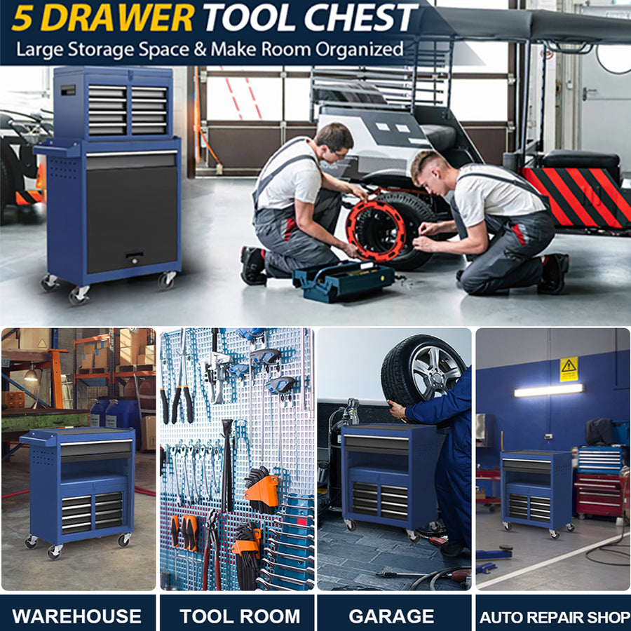 Seizeen Tool Box, Upgraded 5-Drawer Rolling Tool Chest on Wheels, Garage Tool Cabinet Organizer with Detachable Tool Box, Multifunctional Steel Storage Box for Hair Salon Repair Shop Studio