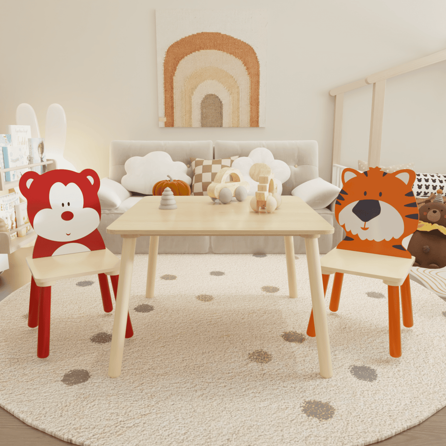 3 Pieces Cartoon Table Set for Kids, Seizeen Table & Chair Set 2-8 Age Boys and Girls, 2 Bear&Tiger Backrest Chairs Wood Table Kids' Room Furniture