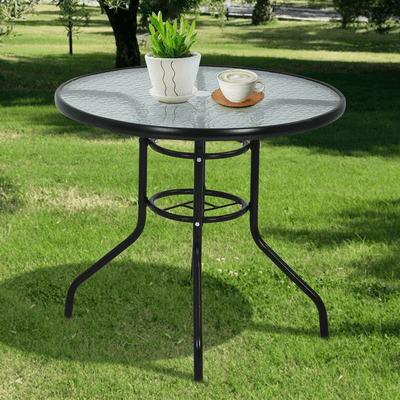 Seizeen Outdoor Patio Table, Metal Round Dining Table with Glass Top, Patio Table with 1.8’’ Umbrella Hole, Round