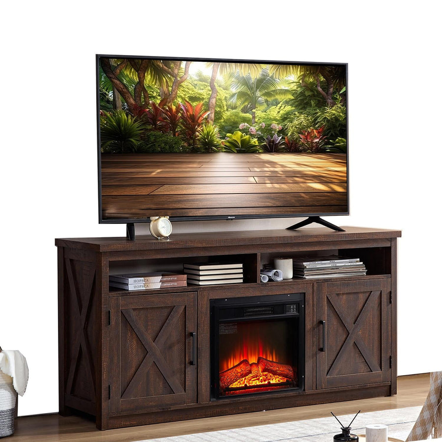 Farmhouse Electric Fireplace TV Stand, Seizeen Wood Media Entertainment Center and TV Console Cabinet for TVs Up to 65inch, Cabinet Door, Remote Control, Virtual Flame