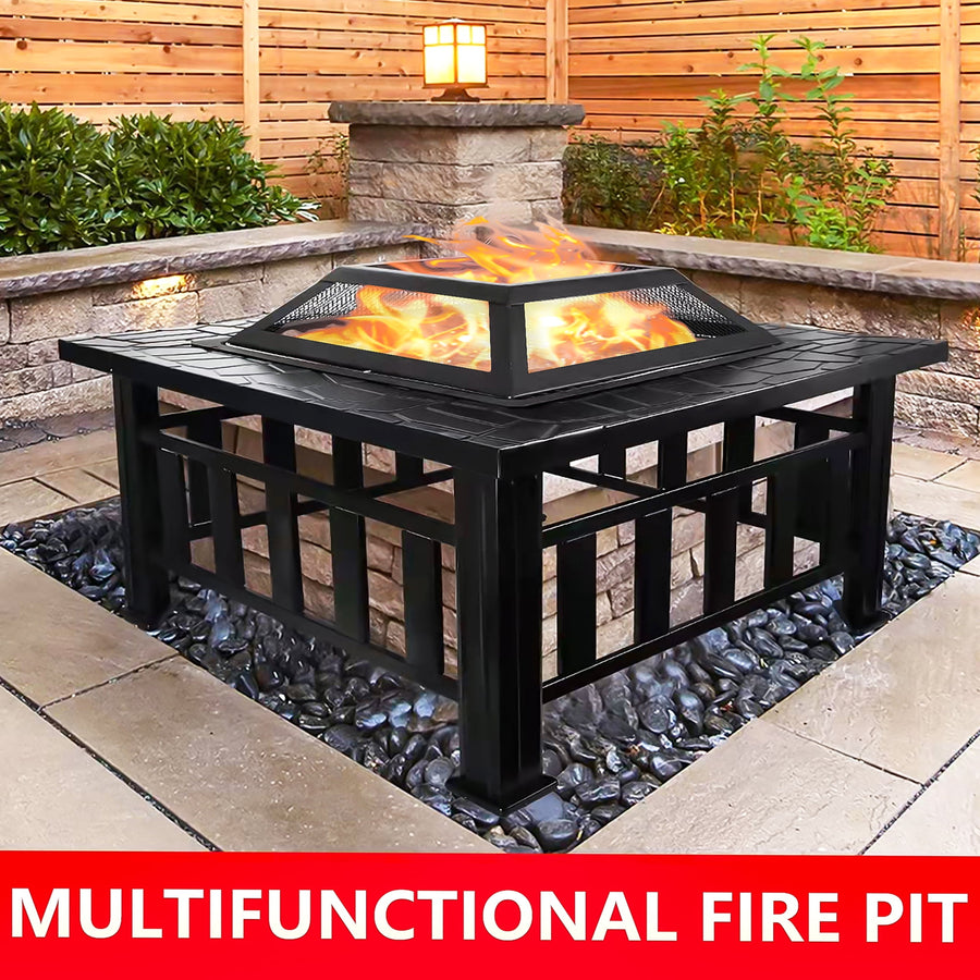 32'' Wood Burning Fire Pit Table, Outdoor Fireplace Square Metal Firepit 360¡ãMesh Screen Lid Poker Deep Bowl