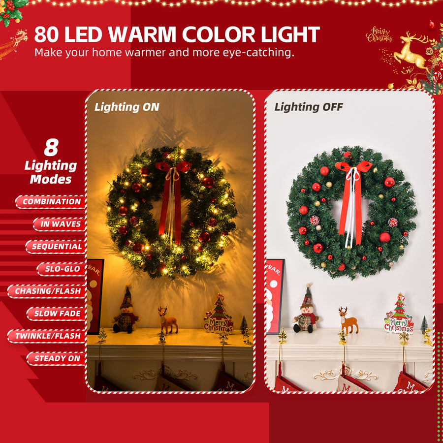 36in Pre-lit Battery Powered Christmas Wreath – Lighted Artificial Xmas Wreath with 80 Warm Lights, 270 PVC Tips & 18 DIY Ornaments for Front Door, Gate & Wall Xmas Party Decorations