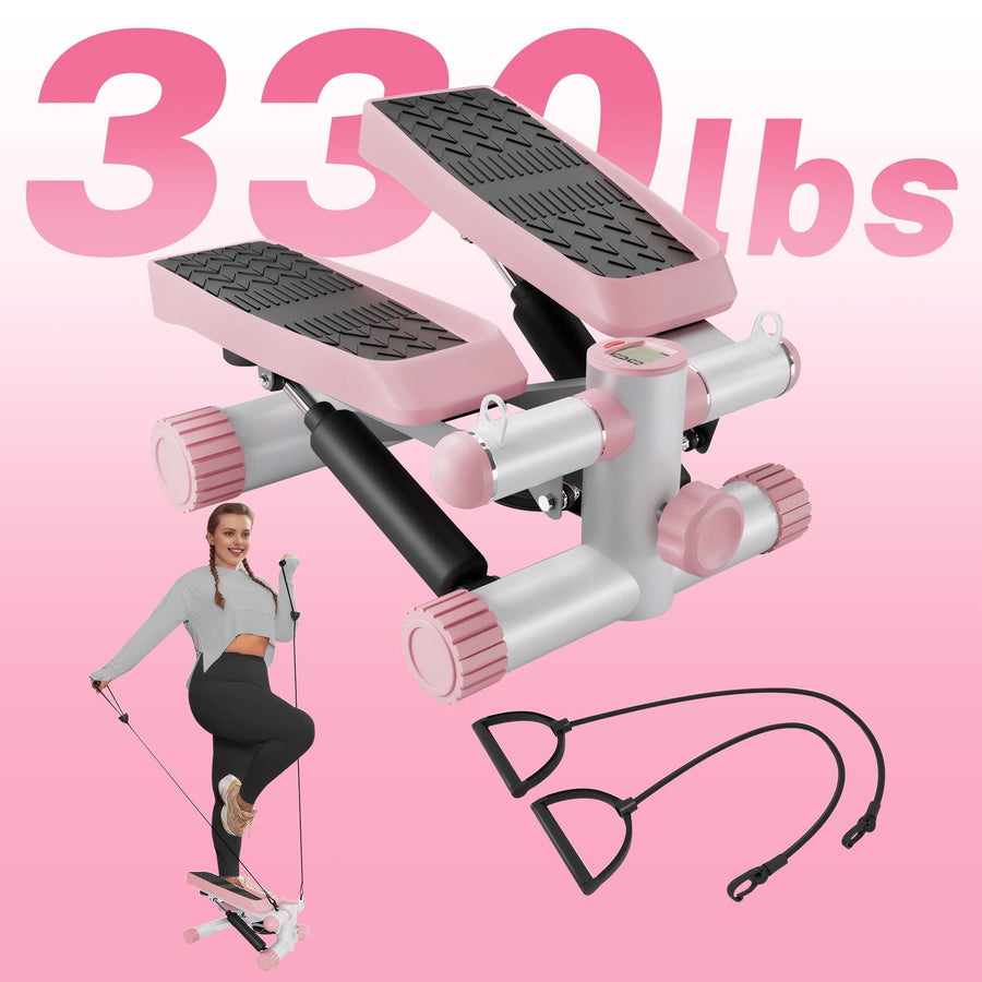 330LBS Mini Stepper for Exercise at Home, 16'' Portable LCD Stair Stepper with Resistance Bands, Dual Hydraulic Cylinder, Adjustable Step Height, Home Gym Office Space-saving Fitness Equipment, Pink