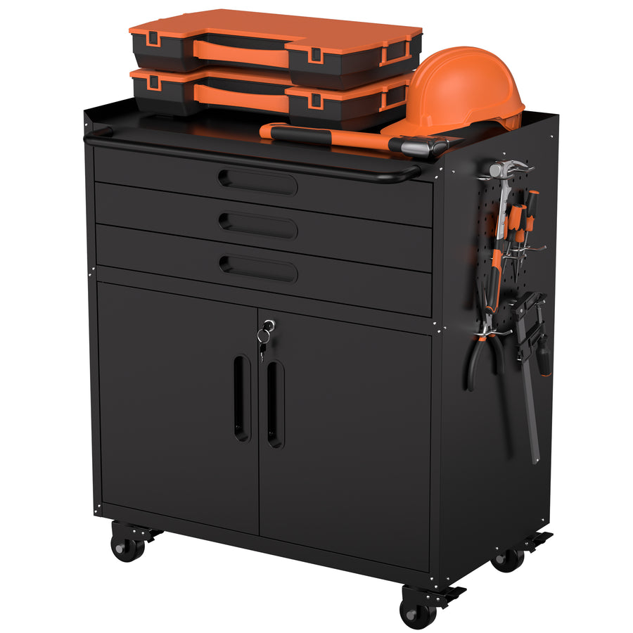 34.3" Rolling Metal Tool Cabinet - Heavy Duty Garage Storage with Lockable Doors & 3 Drawers, Mobile Workbench Organizer for Garage, Workshop, Home