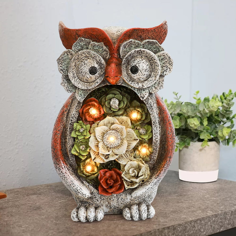 Seizeen Solar Garden Statue - Cute Owl Figurines with Succulent and 5 LED Lights, Resin Garden Decor for Outside, Gardening Gifts for Women, Patio/Balcony/Yard/Lawn Ornament & Housewarming Gifts