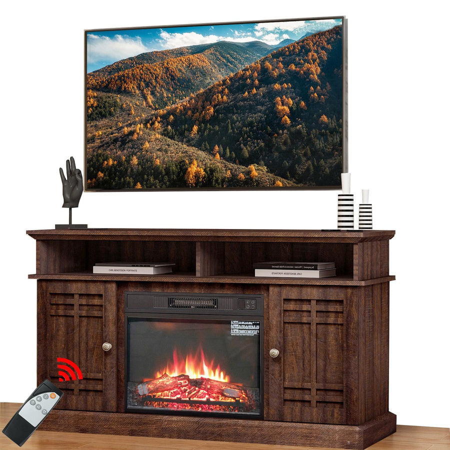 Seizeen Fireplace TV Stand for 55 inch TV, Farmhouse Entertainment Center with Electric Fireplace, Wooden TV Media Cabinet with Remote Control, Large Storage, Brown