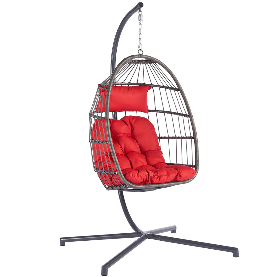 Collapsible Egg Chair with Stand, Steel Frame Swing Chair Hanging Chair Max 350Lbs with Cushions & Pillow Bedroom, Outdoor, Porch, Garden, Deck, Red