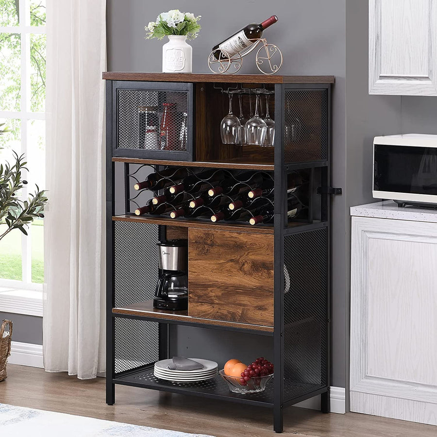 Brown Kitchen Storage Cabinet, Industrial Bar Cabinet with Wine Rack for Liquor and Glasses, 5-Tier Sideboard Buffet for Kitchen Dining Room with Sliding Door and Shelves