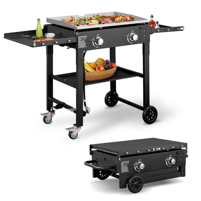 30000BTU Gas Griddle Foldable, Portable Propane Griddle Outdoor Camping BBQ Grill with 2 Burners, Suitcase Design Flat Top Griddle on Wheels