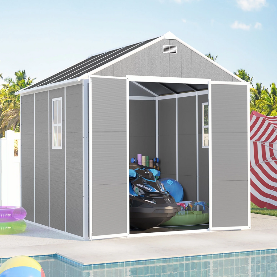 7.5x10.3FT Outdoor Shed, Extra Large Storage Shed Resin, Outside Storage for Garden Backyard, Double Doors, Double Windows, PP Splicing Floor, Heavy-duty Frame