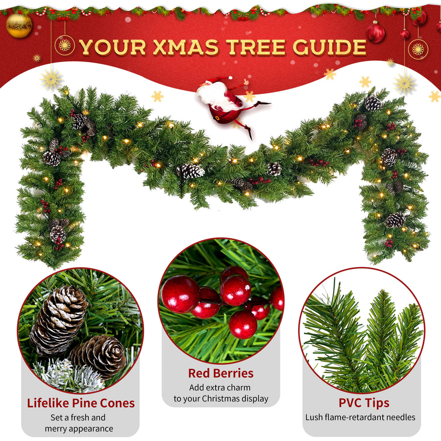 3pcs Pre-lit Christmas Decoration Set, 2 Packs 4''Christmas Entrance Trees and 9' Garland, Green Artificial Xmas Decorative Set for Door Fireplace W/Warm Lights