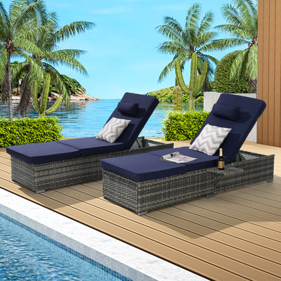 Outdoor Chaise Lounge, PE Rattan Lounge Chair Set of 2, Pool Recliner Cushioned for Patio Beach, w/Pillow, Side Table, Adjustable Backrest, Navy
