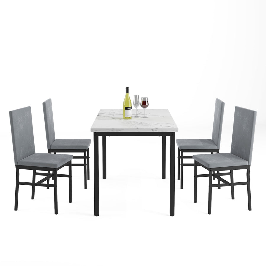 Kitchen Dining Table Set, 5-Piece Dining Table and Chairs, Metal Frame Dining Room Set with White Marble Table and Gray Velvet Chairs for 4