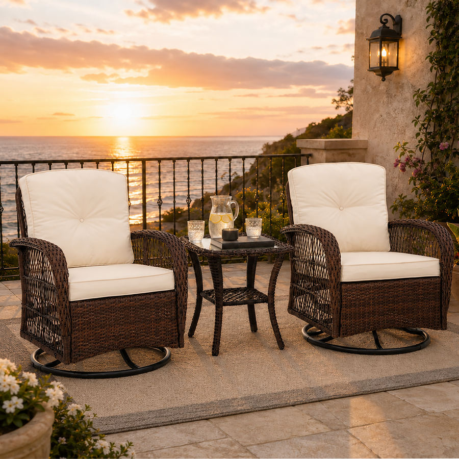 Rattan Outdoor Furniture, 3 Pieces Patio Furniture Set, Wicker Outdoor Swivel Glider Rocker w/Table, Balcony Porch Outdoor Rocking Bistro Set for 2, Beige Cushions