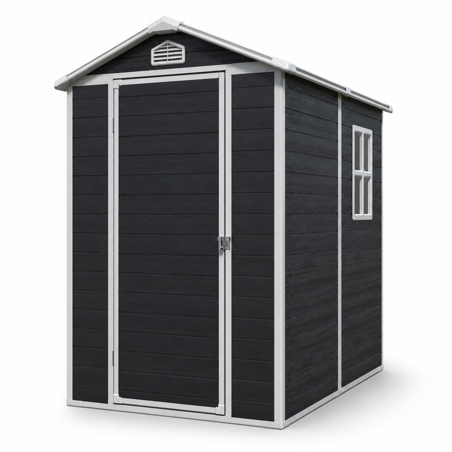 Seizeen 4 x 6 FT Plastic Storage Shed with Floor, Sloped Roof Outdoor Resin Shed with Window & Vents, Lockable Garden Tool Shed for Backyard Patio Lawn, Black
