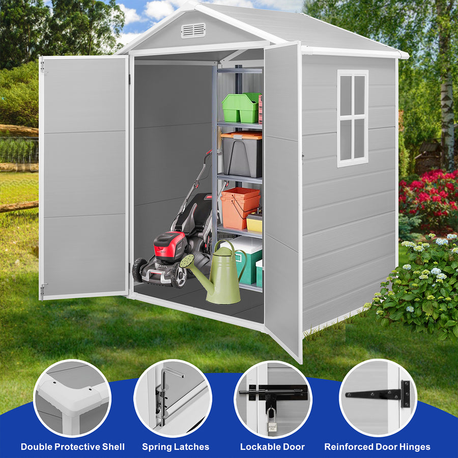 Sheds & Outdoor Storage, 6FT Outdoor Storage Shed with Floor, Waterproof Patio Plastic Shed Sloped Roof, Lockable Garden Bike Tool Shed with Window and Vents