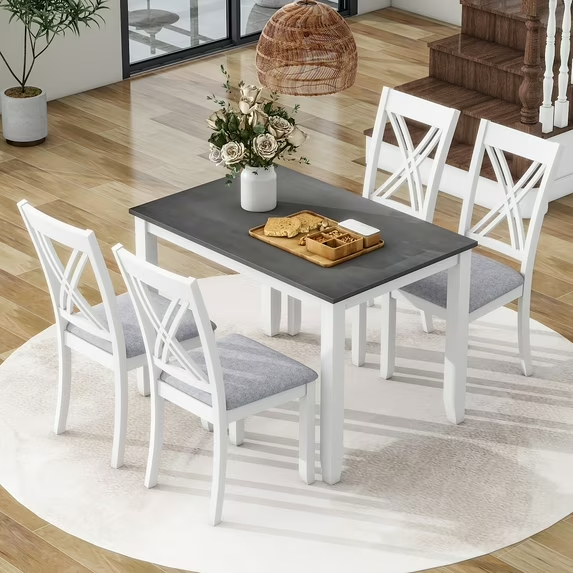 Dining Table Set for 4, Seizeen 5 Pieces Dining Room Table Set with Upholstered Chairs, Solid Wood Rustic Minimalist Breakfast Nook Dining Set, Small Space Kitchen Table and X-Back Chairs, Gray