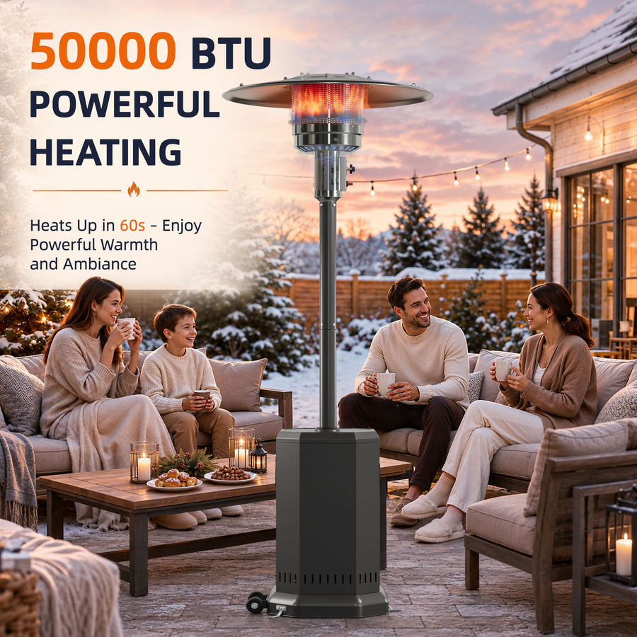 Patio Heaters for Outdoor Use, Propane Heaters w/ 12' Heating Radius, 50000 BTU Heavy Duty Heater w/ Overheating Protection System, Stainless Steel Flame Heater w/ Wheels, Gray