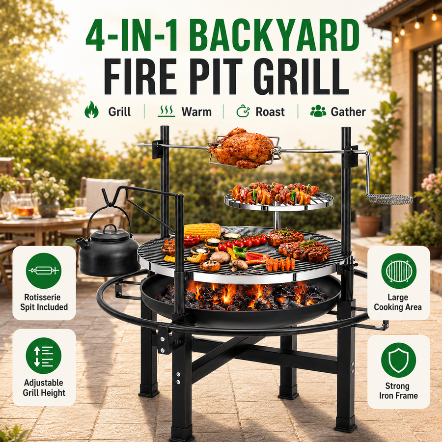 Seizeen Wood Fire Pit, 33'' Round Charcoal Grill Firepit Combo, Outdoor Iron BBQ Grill with Adjustable Cooking Grate, Portable Camping Grill & Outdoor Fireplace for Backyard Patio Picnic