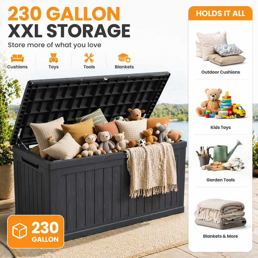 1000LBS Deck Box for Outdoor, 230GAL Resin Storage Bench Toy Box, Patio Pool Furniture Cushion Storage Waterproof, Automatically-Open Lid w/Reinforced Steel Beam