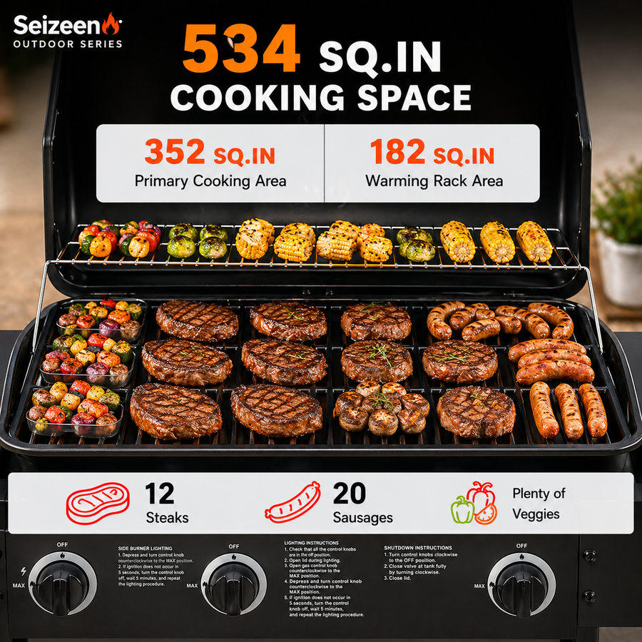4 Burner Propane Gas Grill with Side Burner, 42000 BTU Stainless Steel BBQ Grill with Cast Iron Grates, 534 Sq In Cooking Area, Outdoor Barbecue Grill with Side Tables for Patio Backyard Cooking