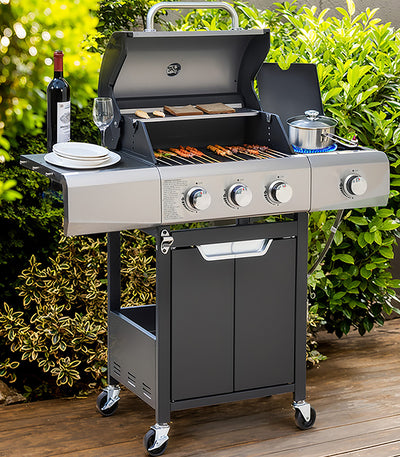 Gas Grill w/Side Burner, 40500BTU Propane Grill with Cover, Stainless Steel Outdoor BBQ 2 Cooking Areas, Portable Grill for Camping Patio