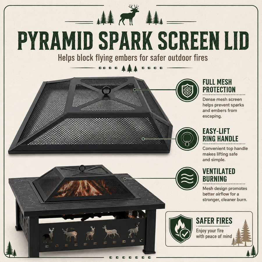 32 Inch Wood Burning Fire Pit for Outside, Square Outdoor Fire Pit Table with Spark Screen & Fire Poker, Heavy Duty Wrought Iron Firepit for Backyard, Patio, Garden & Camping