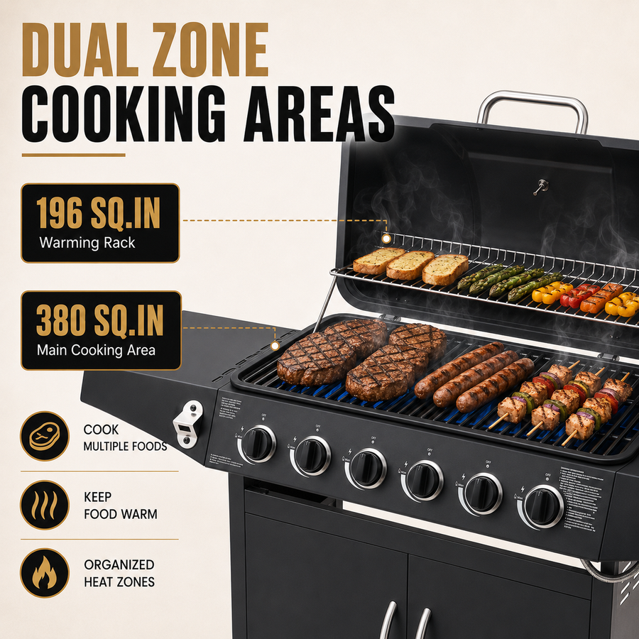 Seizeen 6 Burner Propane Gas Grill, 59000 BTU BBQ with Side Burner, 576 Sq In Cooking Area, Porcelain-Enameled Grates