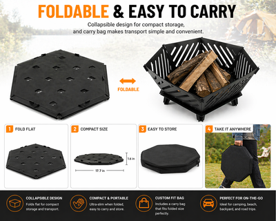 Seizeen Fire Pit for Outside, 22.5 Inch Portable Hexagon Fire Pit with Travel Bag — Smokeless Patented Design Outdoor Wood Burning Fire Pit for Camping, Backyard, Patio, Bonfire, Picnic and BBQ, Diagonal Hollow Style