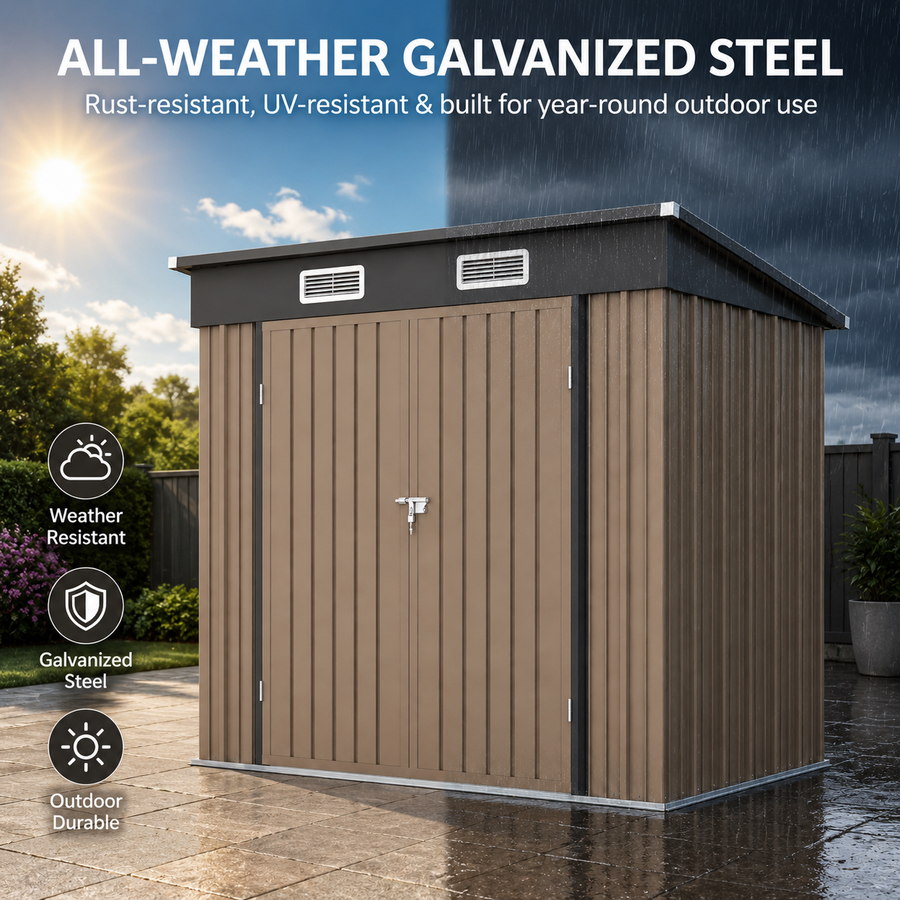 6x4ft Shed Outdoor Storage, All-weather Metal Garden Shed W/Floor, Galvanized Steel Tool Storage Shed, Double Lockable Doors, Brown