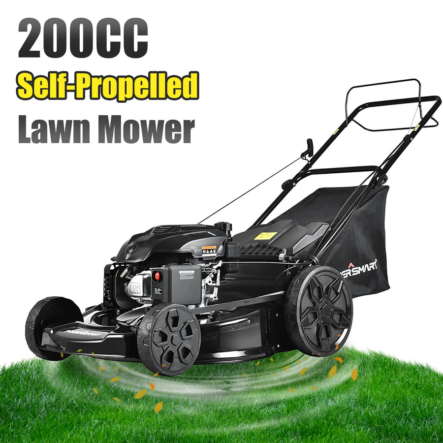 200CC Self-Propelled Lawn Mower, Gas Powered Lawn Mower with Large Rear Bag, Cordless Walk Behind Mower 4-Stroke Engine, 22’’ Cutting Deck & 5 Heights Adjustable, Black