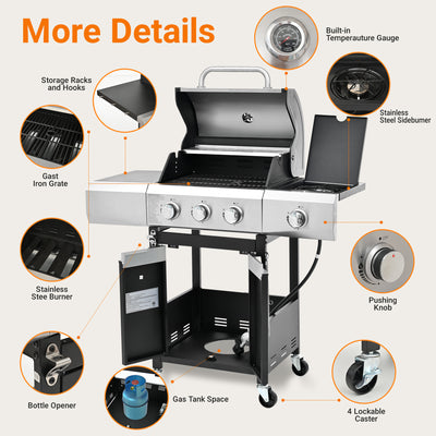 3-Burner Propane Gas Grill with Side Burner, 40,500 BTU Stainless Steel Outdoor BBQ Grill, 465 Sq. In. Cooking Area, Electronic Ignition and Side Table for Patio Backyard