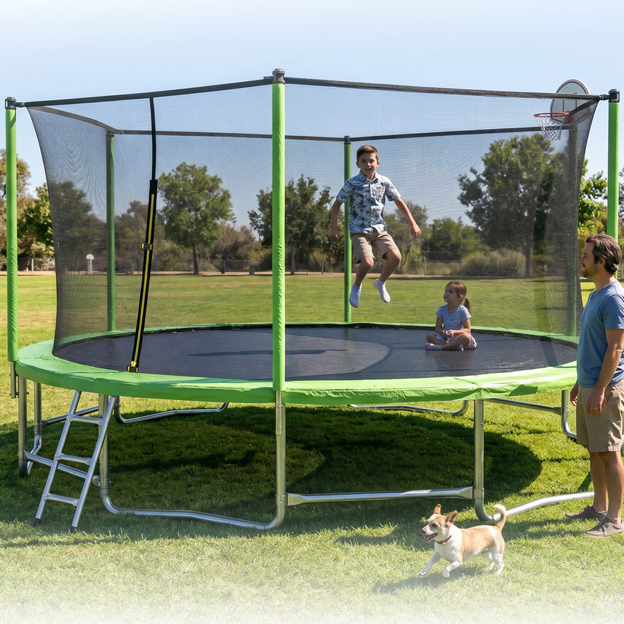 16FT Kids Trampoline with Hoop - Outdoor Trampoline W/Enclosure Net & Ladder, XXL Round Trampolines with Steel Support, Max Weight Capacity 1320LBS
