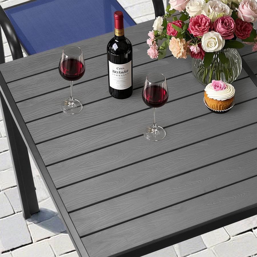 7-Piece Patio Dining Set – Outdoor Rattan Dining Set with 6 Textilene Chairs, Plastic Wood Grain Weather-Resistant Table and Chairs for Garden, Backyard & Poolside