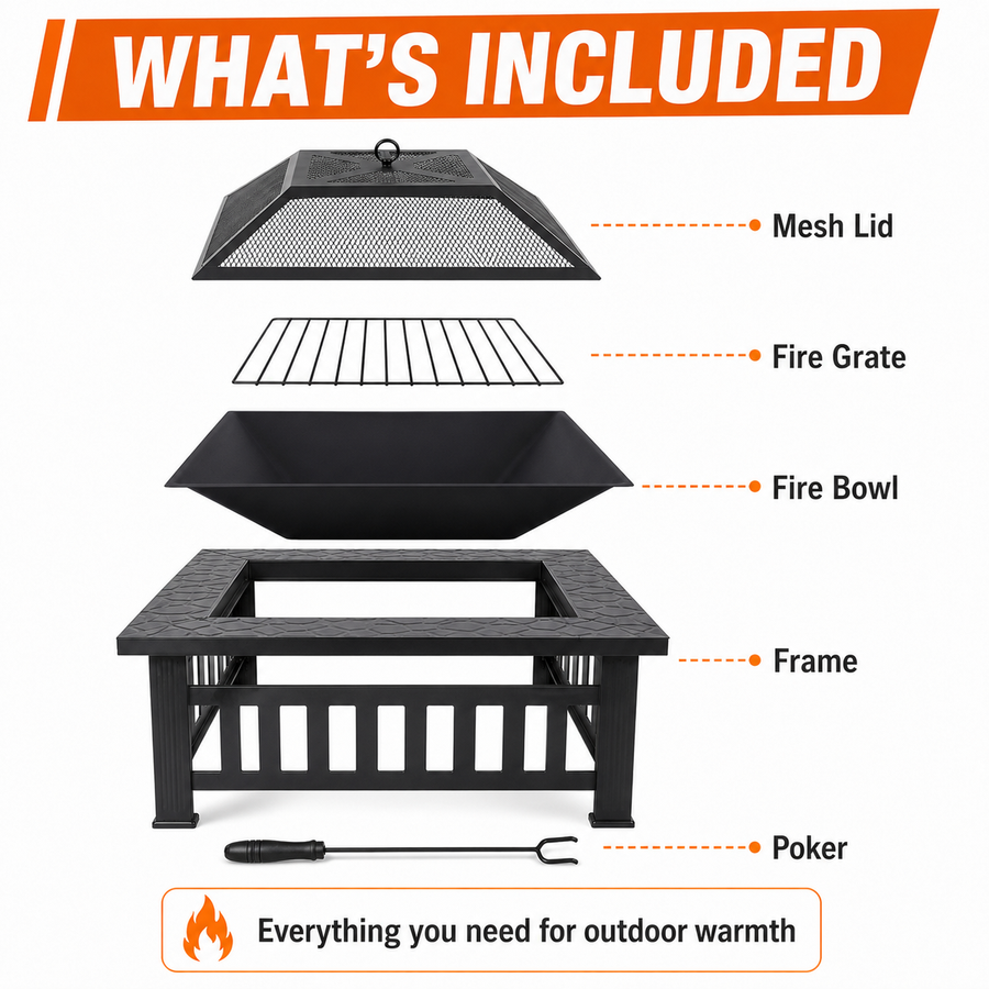 32'' Wood Burning Fire Pit, Outdoor Metal Fire Pit Table with Mesh Screen Lid & Poker, Stone Pattern Patio Fireplace for Backyard, Garden, BBQ, Heating, Square