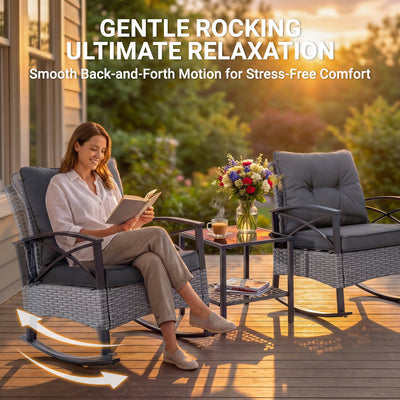 Patio Outdoor Furniture Set, 3PCS Rattan Wicker Rocking Chair Set Balcony Furniture, Steel Frame Patio Chairs with 2-Tier Coffee Table, Thick Seat Cushions and Pillows