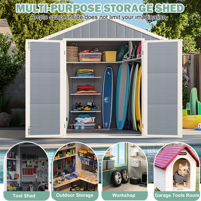 7.5x6.5FT Outdoor Storage Shed, Plastic Resin Shed w/Floor Lockable, Tool Bike Garden Patio Large Storage with Window, Sloped Top, Drainage Holes, 30MPH Wind Resistance