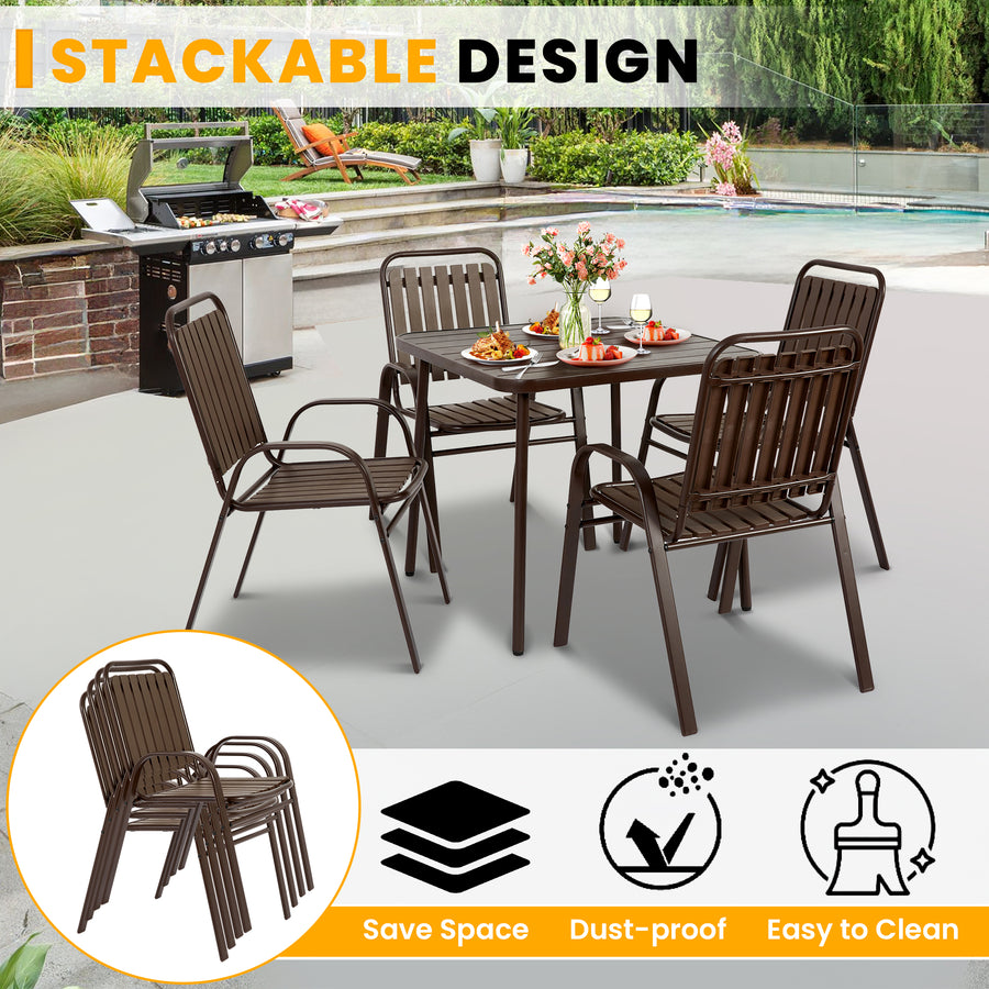 Patio Furniture Set, 5-piece Outdoor Dining Set Wood Grain Top, Plastic Patio Table and Chairs for Deck Yard Balcony Porch, All-weather Steel Frame, 4-person Dining Set for Indoor Outdoor, Brown