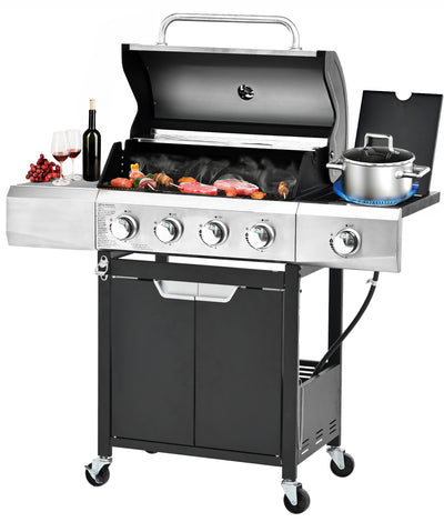 4-Burner Propane Grill W/Side Burner, 51,000BTU Gas Griddle Combo for Portable Outdoor BBQ Camping, with Enameled Cast Iron Plate