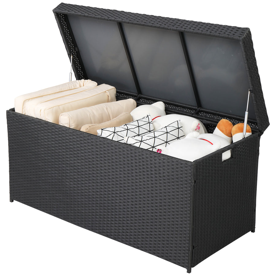 Seizeen 132Gal Outdoor Storage Box, PE Rattan Deck Box for Outside Patio Furniture, Wicker Storage Bench for Cushions Toys Garden Poolside, Pneumatic Lift Cover, Black