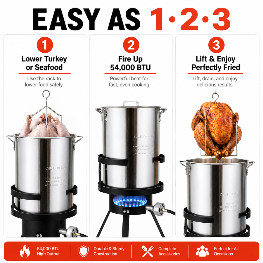 4PCS Outdoor Turkey Fryer Kit, 54,000 BTU Propane Deep Fryer with 30QT & 10QT Aluminum Seafood Boil Pots, Baskets, 32.3-Inch Iron Stand, Poultry Rack, Thermometer and Injector