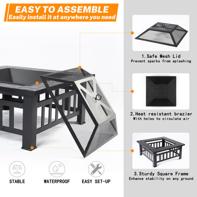 32'' Multipurpose Fire Pit, Outdoor Fire Pit Table for Net Lid/Poker, Square Bronze Firepit Stove for Outside Camping Backyard Bonfire