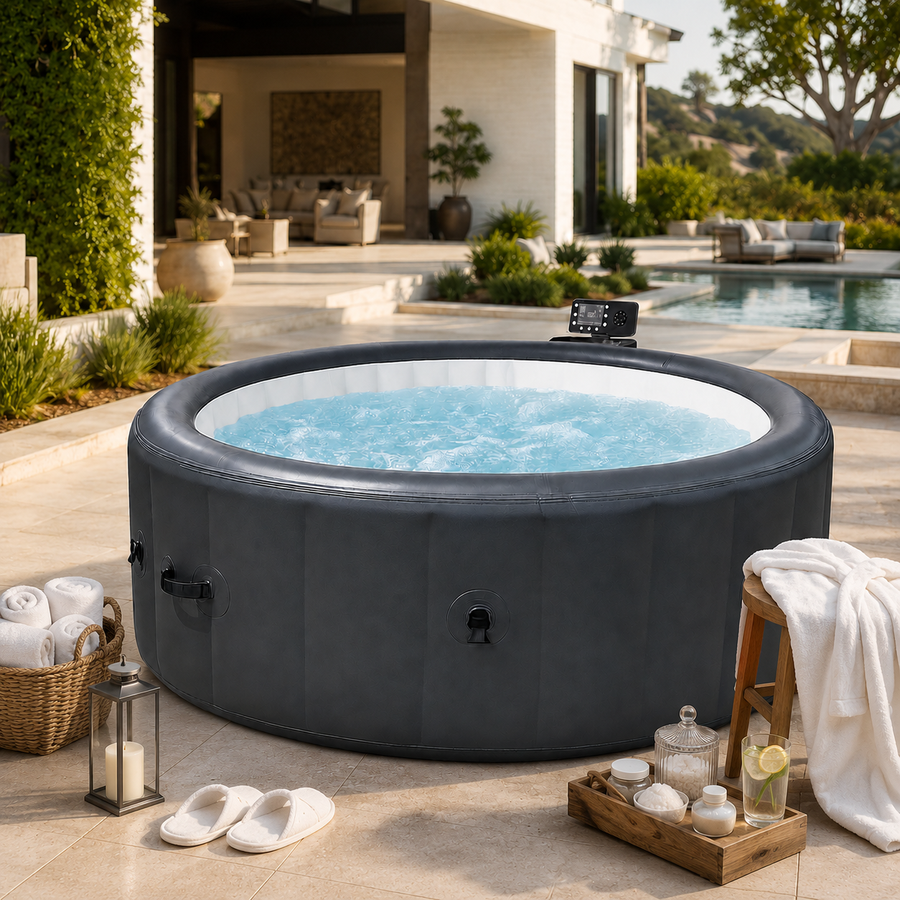 85" Inflatable Hot Tub for 4-6 Persons, Portable Outdoor Spa Tub with 150+ Air Jets, 104°F Heating, 6-Color Ambient LED Lights, Bubble Massage, One-Touch Inflation, Filter System, Cover & Floor Mat