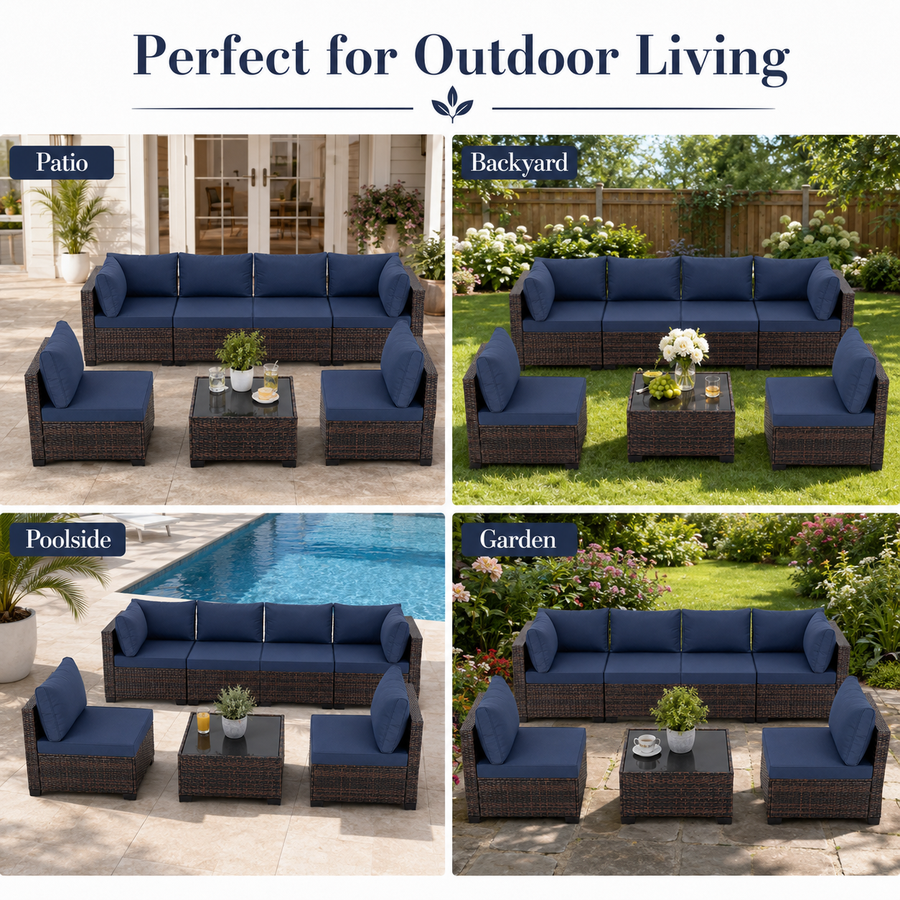 Patio Furniture Set on Sale, 7 Piece Luxurious Rattan Outdoor Sectional Set, All-Weather Wicker Porch Patio Couch w/Coffee Table, Thick Cushion Outdoor Sofa, Brown