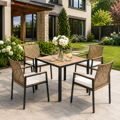 Seizeen 5-Piece Patio Dining Set, Outdoor Dining Table and Chairs with Acacia Wood Tabletop, Umbrella Hole, PE Rattan Armchairs with Beige Cushions, Patio Conversation Set for Garden, Backyard, Deck