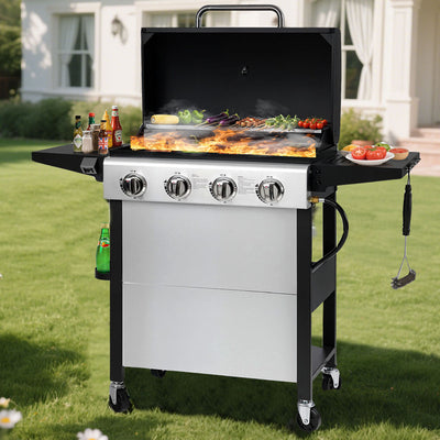 4-Burner Propane Gas Grill with Brush, Seizeen 40,000BTU Outdoor BBQ Grill, Stainless Steel Camping Stove with Foldable table, Hanging Basket, Support Legs